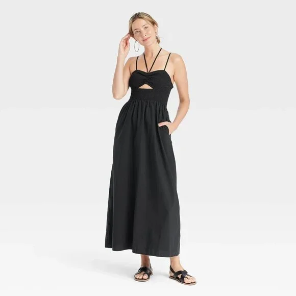 XL - Womens Smocked Cut-Out Maxi Sundress - Universal Thread - Black - Picture 3 of 9